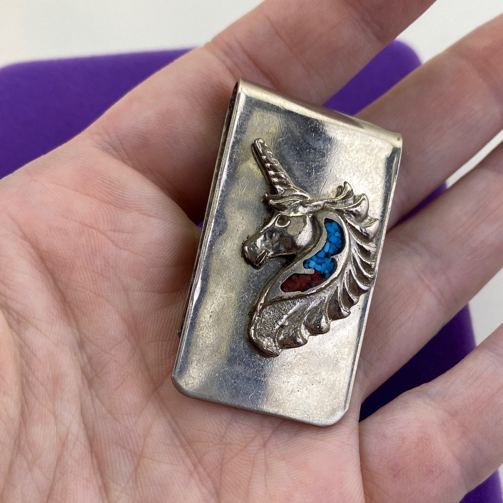 💛 Vintage Silver Tone Unicorn Money Clip | Turquoise & Coral Red Inlay | Unique - Picture 6 of 6